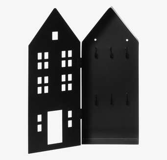 Bild av stilrent svart nyckelskåp i form av hus med krokar