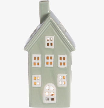 Bild på dekorativ ljuslykta i form av grönt hus i keramik