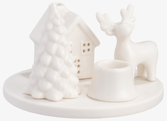 Bild av dekorativ vinterljusstake med träd, hus och ren