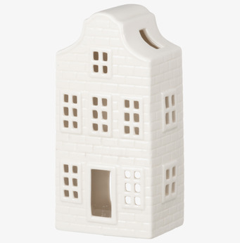 Bild av vit ljuslykta i form av keramikhus med detaljer