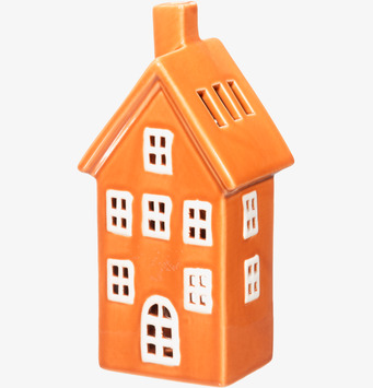 Bild av dekorativ orange ljuslykta i keramik formad som hus