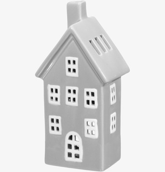 Bild av dekorativ ljuslykta som keramikhus i ljusgrå ton