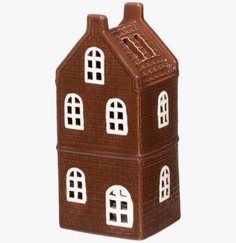 Bild av brun keramisk ljuslykta formad som klassiskt hus