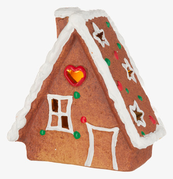 Bild på dekorativt pepparkakshus med LED och julkänsla