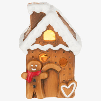 Bild av dekorativ ljuslykta som pepparkakshus med LED-belysning