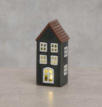 Bild av dekorativt ljushus i keramik med LED och blå detaljer