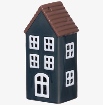 Bild av blått keramikljushus med vit bakgrund och detaljer