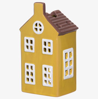 Bild av dekorativt gult keramikhus med LED och glaserad yta