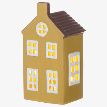 Bild på dekorativt ljushus i gult med LED-ljus och fönster