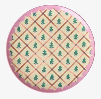 Bild på desserttallrik med rutigt granmönster och rosa kant