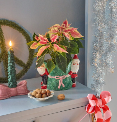 Bild av juldekorerad kruka och vinterinredning i närbild