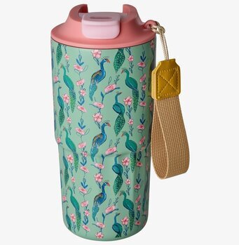 Bild på termosmugg med påfåglar, blommor och rosa lock