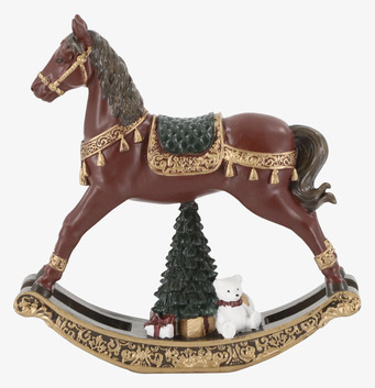 Bild av dekorativ gunghäst med julgran, nalle och paket