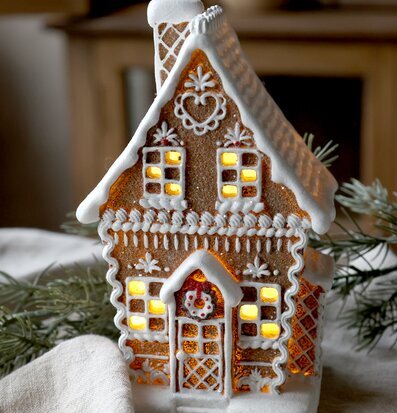 Bild av upplyst pepparkakshus med LED och klassisk juldekor