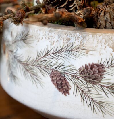 Bild på planteringskruka med tallkvist och naturdekor inomhus