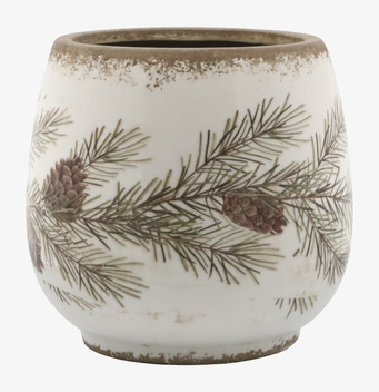 Bild på planteringskruka i keramik med tallkvist och kottar