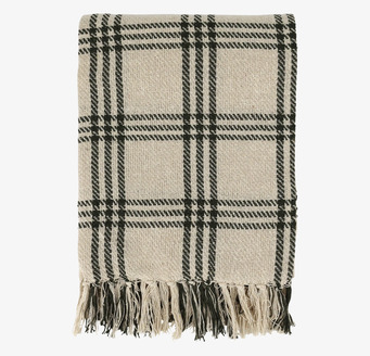 Bild på rutmönstrad pläd i olivgrönt och kräm med fransar