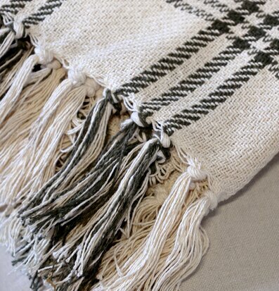 Bild på pläd i oliv och creme med fransar och grafiskt mönster