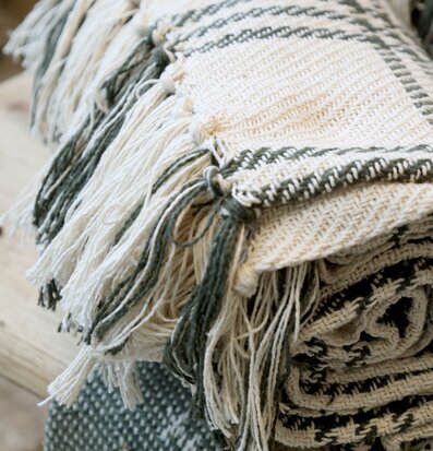 Bild på vävd pläd i oliv och creme med fransar och textur