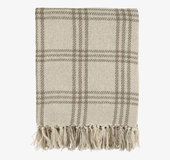 Bild på pläd med rutmönster och fransar i naturfärger
