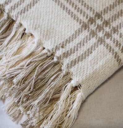 Bild på pläd med fransar och vävt mönster i beige och creme