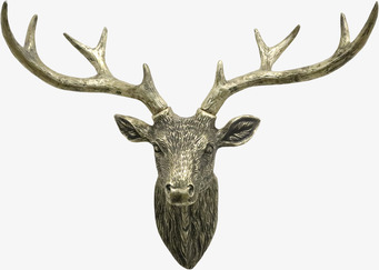 Bild av hjorthuvud i antik mässing som väggdekoration, foto