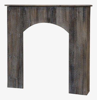 Bild av öppen spisram i trä med naturstruktur och gråbrun ton