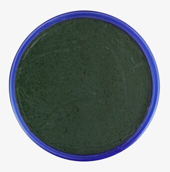 Bild av rund behållare med mörkgrön kräm och blå kant