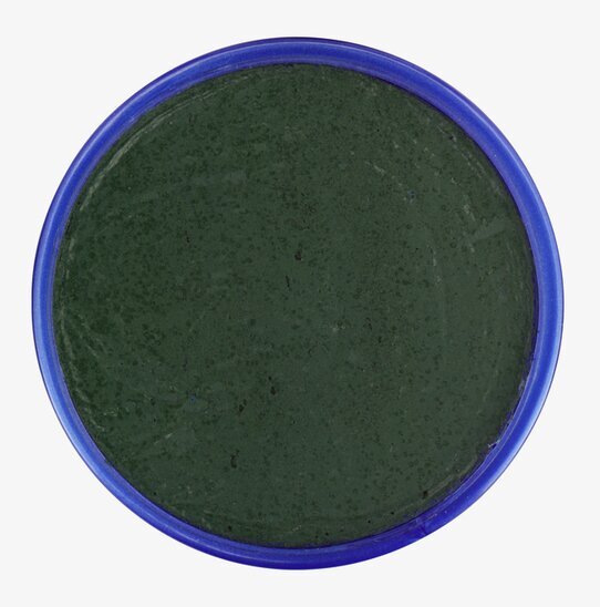 Bild av rund behållare med mörkgrön kräm och blå kant