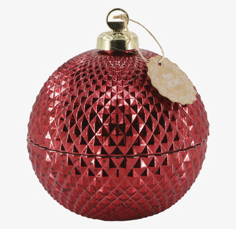Bild av stor röd julkula med geometriskt mönster och glans