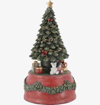 Bild på dekorativ speldosa julgran med klassiska julfärger