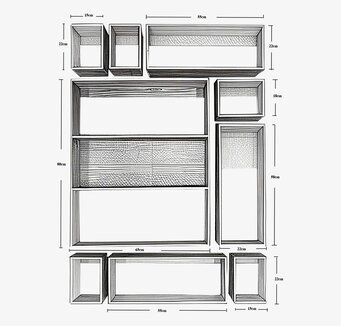 Bild av vägghylla-set med mått och trämönster i isometrisk vy