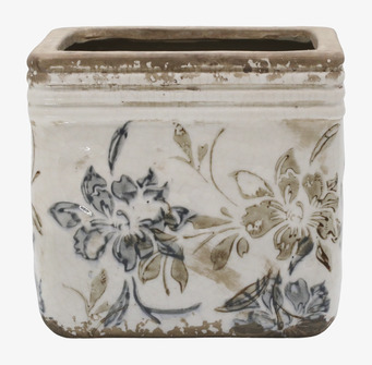 Bild på rektangulär keramikkruka med blommotiv i krämvitt