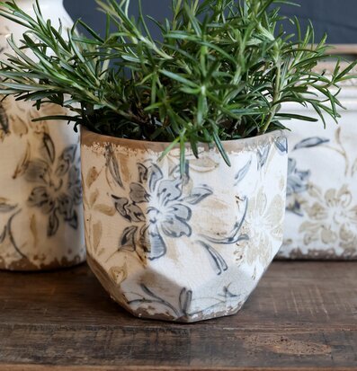 Bild av handmålad keramikkruka med blommotiv och växt