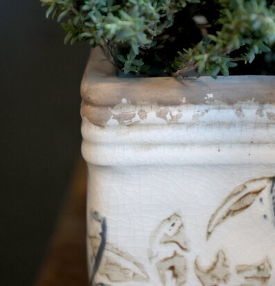 Bild på fyrkantig keramikkruka med växt och blommönster