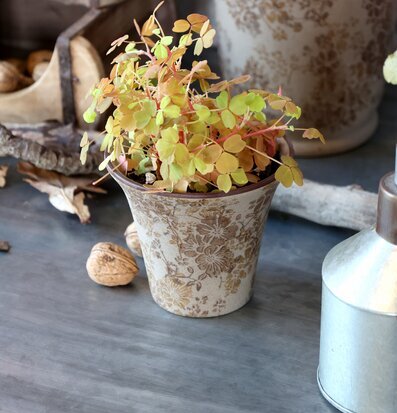 Bild av keramikkruka med blommönster och lantlig inredning