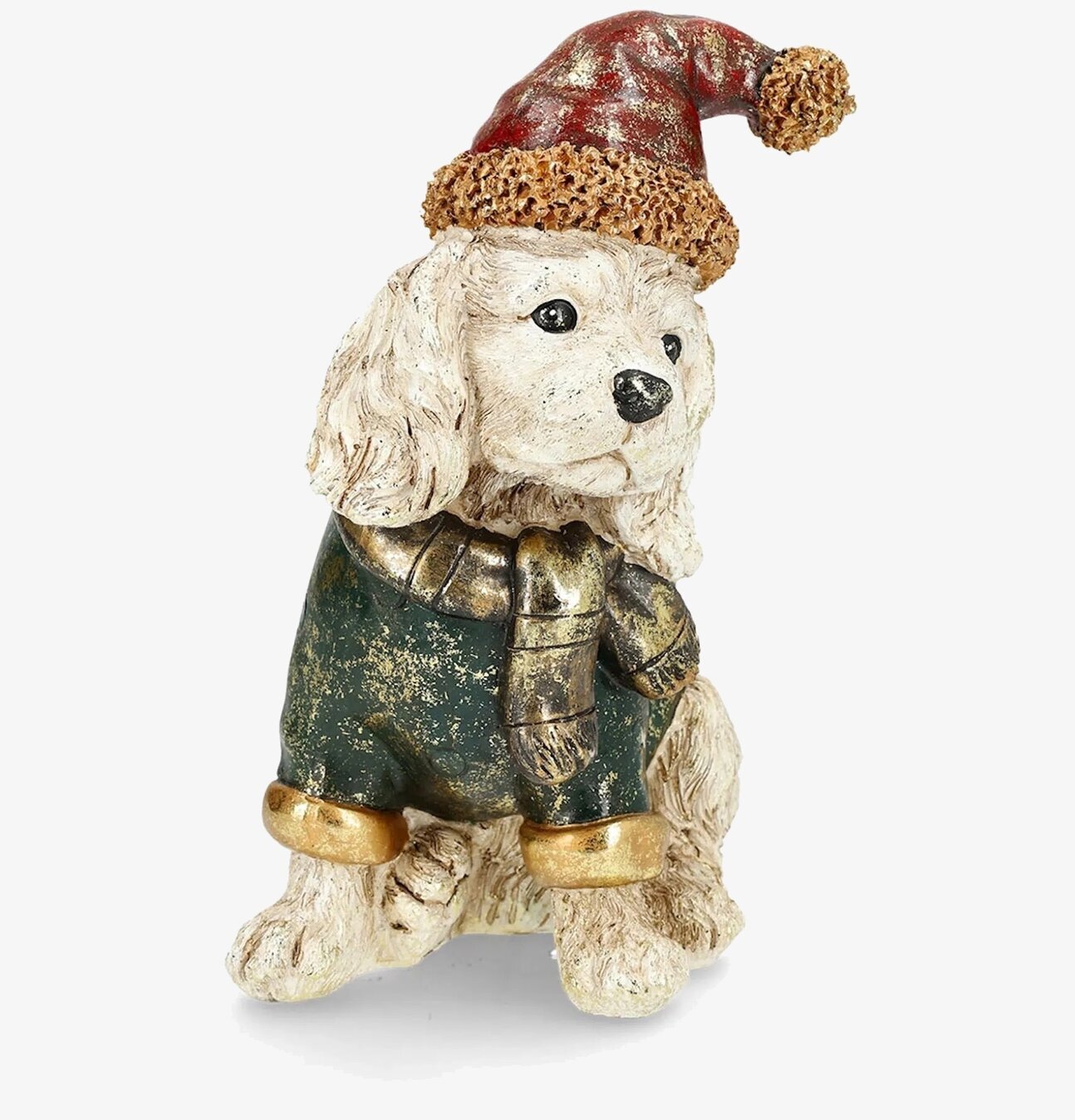 Bild på dekorativ hund i vinterkläder och tomteluva för jul