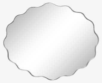 Bild på stor rund spegel med vågig kant i rostfritt stål