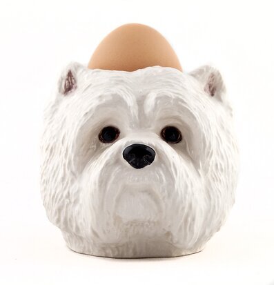 Bild av äggkopp formad som west highland white terrier hund