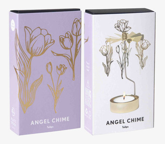 Bild på eleganta förpackningar med tulpanmotiv och änglaspel