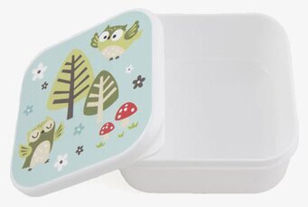 Bild av färgglad matlåda med ugglor och naturmotiv