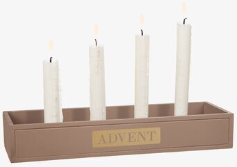 Bild av brun rektangulär adventsljusstake med fyra tända ljus