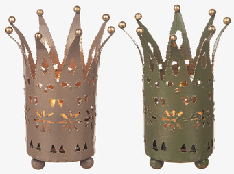 Bild på två hamrade ljuslyktor i kronform för heminredning