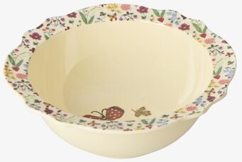 Bild av dekorativ skål med blommor, fjärilar och jordgubbar