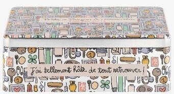 Bild av färgglad plåtburk med lekfullt mönster och småsaker