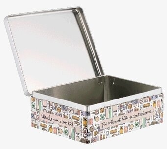 Bild på rektangulär plåtburk med färgglatt mönster och lock