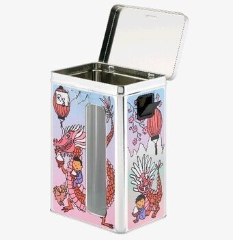 Bild av färgglad plåtburk för ris med drake och fönster