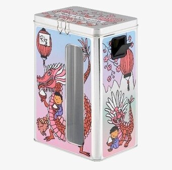 Bild av färgstark plåtburk med asiatisk drake och rislyktor