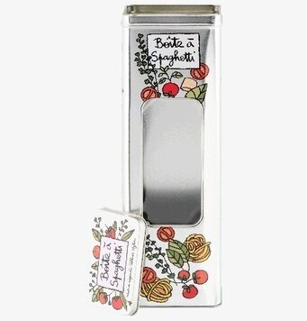 Bild på dekorativ plåtburk för spagetti med fönster och lock