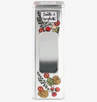 Bild på stilren plåtburk för spaghetti med dekorativ design